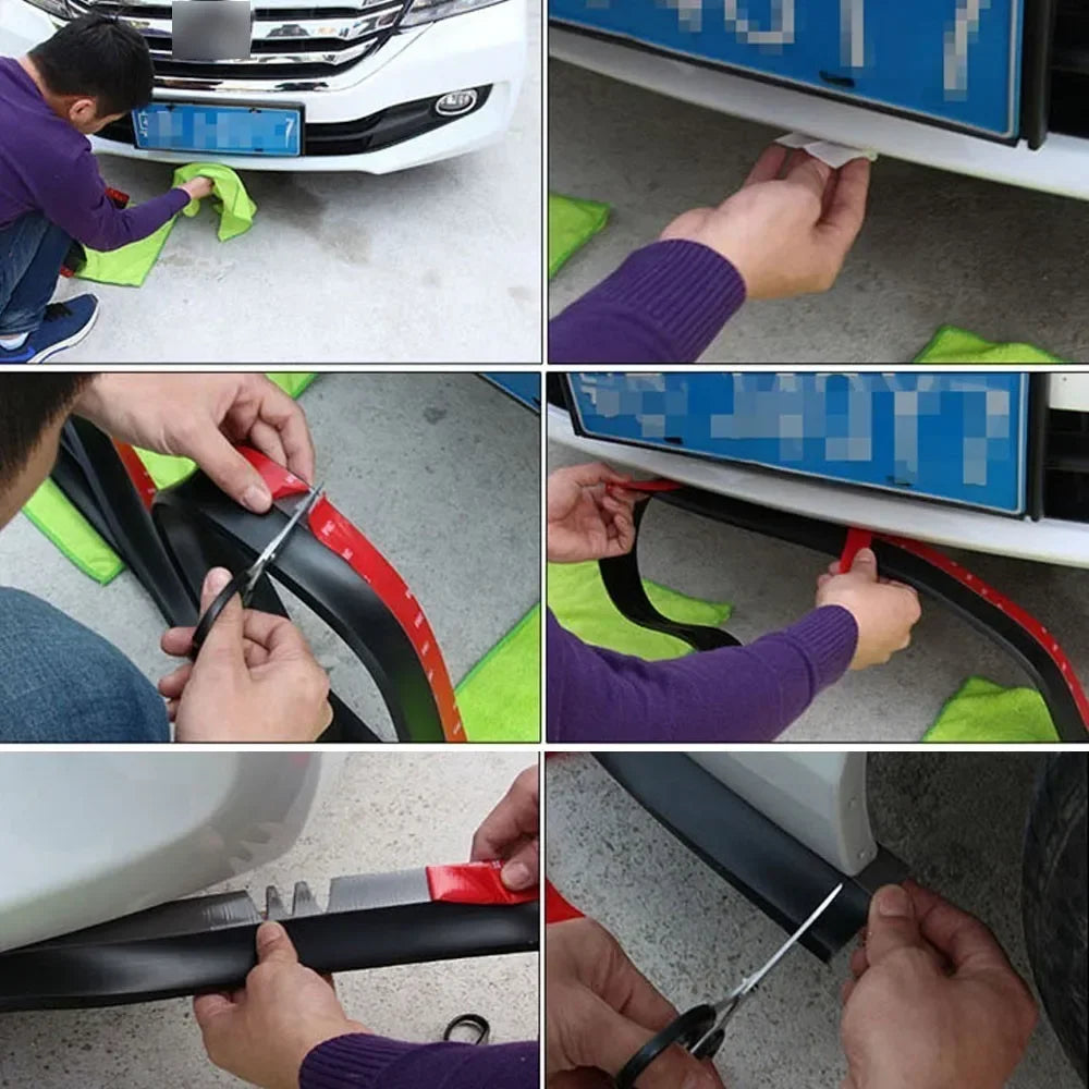 2.5M Universal Carbon Fibre Car Bumper Lip, Anti-Scratch Rubber Spoiler for Front & Side Skirts