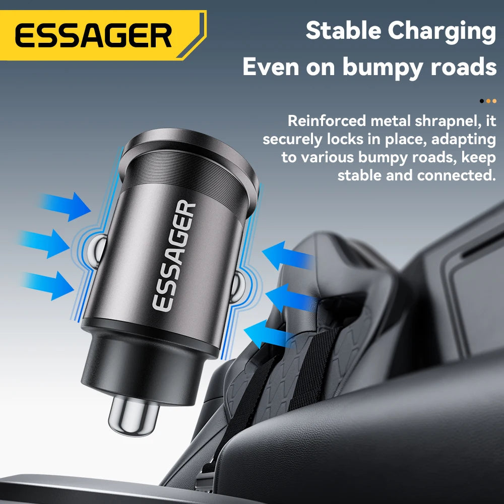 ESSAGER 45W Mini USB Car Charger QC 3.0 PD 3.0 SCP AFC USB-C Fast Charging for iPhone Huawei Samsung