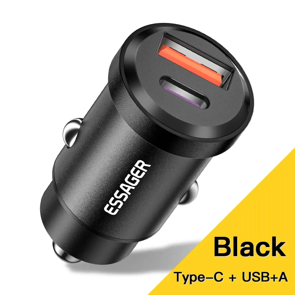 ESSAGER 30W 5A QC PD 3.0 SCP USB Car Charger Quick Charge 4.0 USB-C Fast Charging for iPhone Huawei