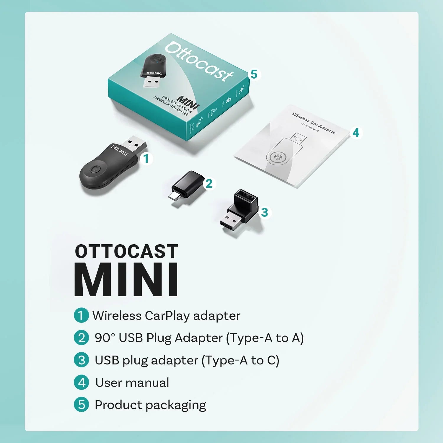 OTTOCAST Mini Wireless CarPlay & Android Auto Adapter, Compact Plug & Play Bluetooth 5.0