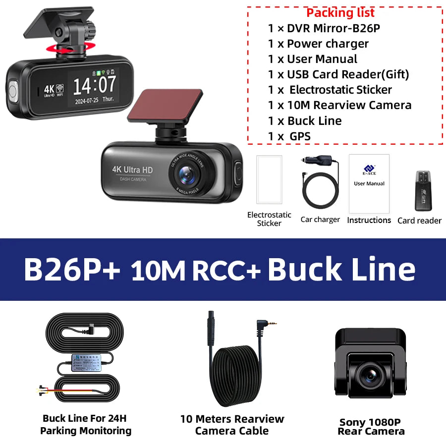 4K Dual Lens Dash Cam with GPS, Wi-Fi, Night Vision, 24H Parking & Rear Camera DVR Night Vision