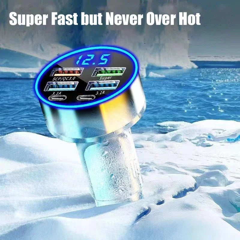 6-in-1 USB-C Car Charger 130W PD Fast Charge Adapter with Voltage Display for iPhone Samsung Huawei