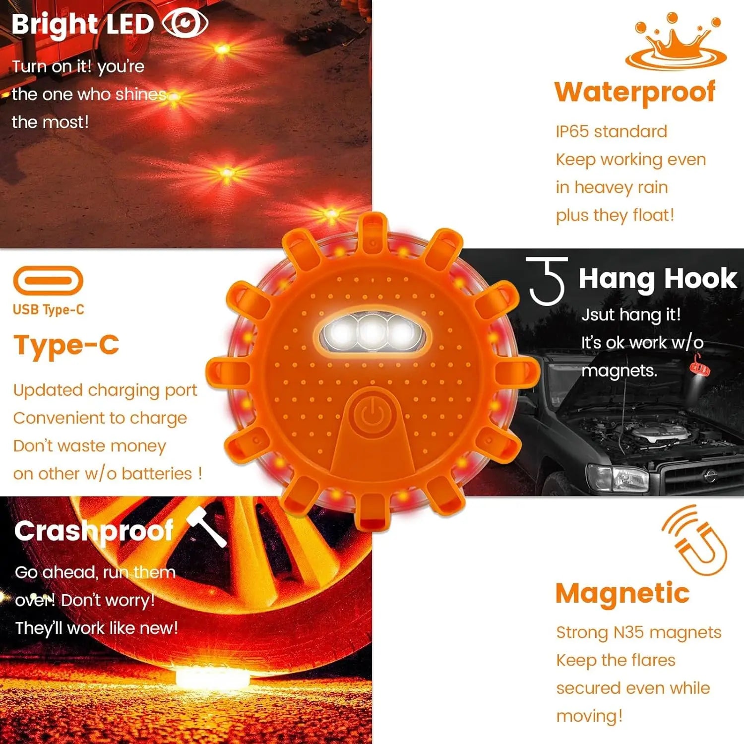 USB Rechargeable LED Road Flares, Magnetic Emergency Warning Lights, 9 Modes, Type-C Flare Kit
