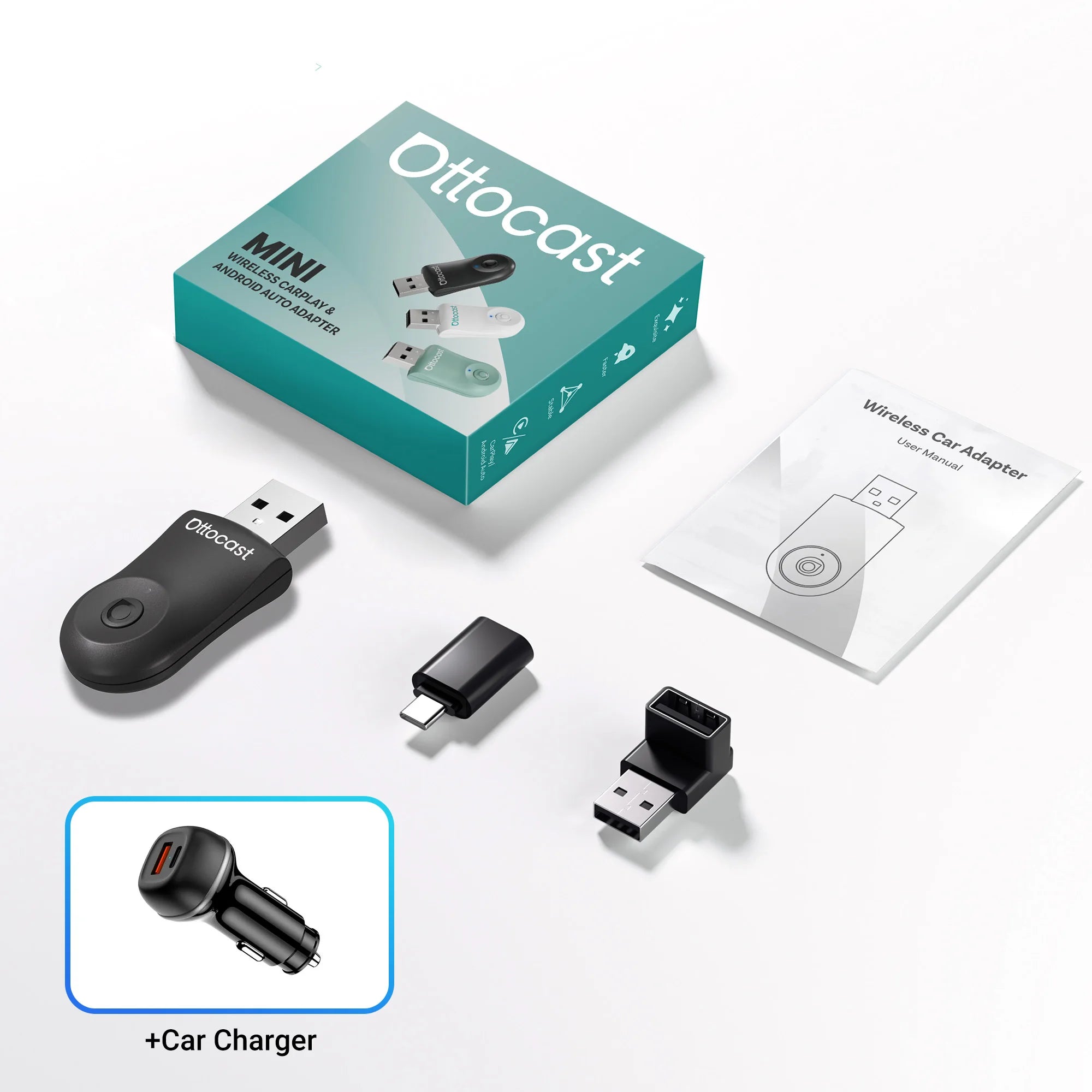 OTTOCAST Mini Wireless CarPlay & Android Auto Adapter, Compact Plug & Play Bluetooth 5.0