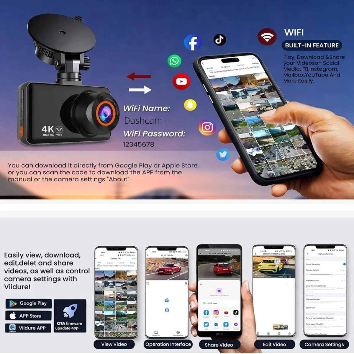 QOZ 4K Dash Cam with Rear Camera, Wi-Fi, Night Vision & Parking Monitor for Cars,  Video Recorder