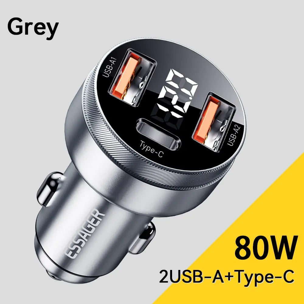 ESSAGER 80W Car Charger USB Type C Dual Port Fast Charger For iPhone Samsung iPad Laptops Tablets
