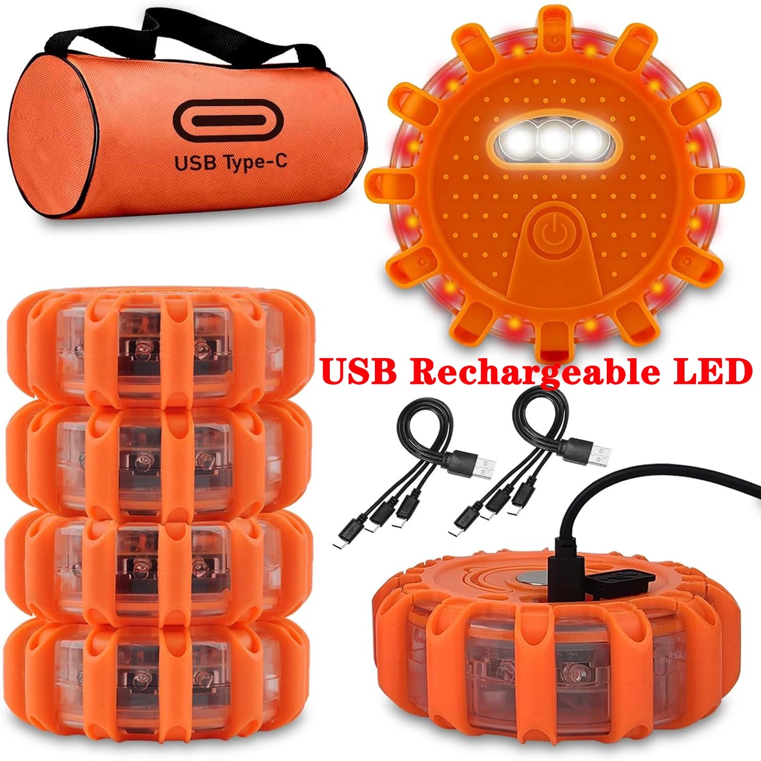 USB Rechargeable LED Road Flares, Magnetic Emergency Warning Lights, 9 Modes, Type-C Flare Kit