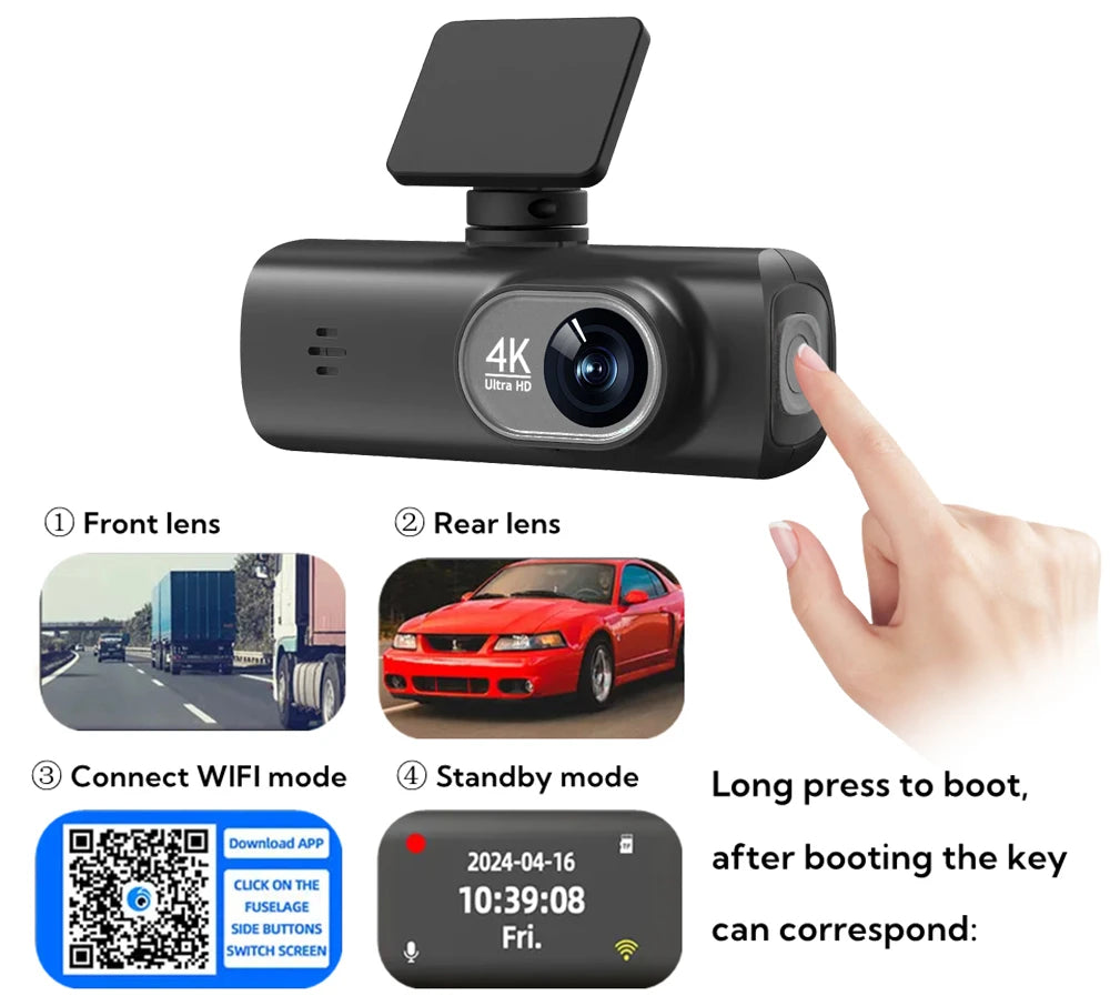 UHD 4K WiFi Dual Lens Car Dash Cam With GPS, 1080P Rear Camera & 24H Parking Surveillance
