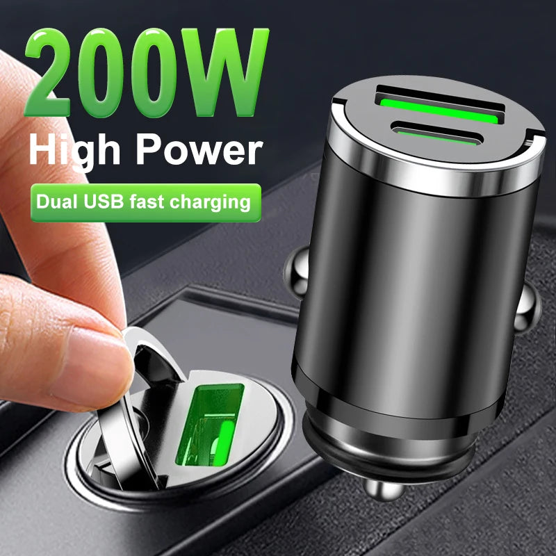 200W Mini Car Charger Fast Charging QC3.0 PD USB Type-C Adapter for iPhone Xiaomi Samsung