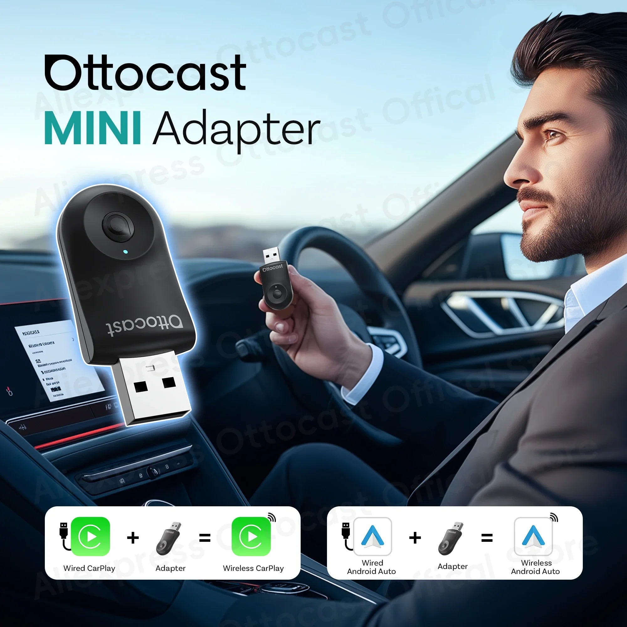 OTTOCAST Mini Wireless CarPlay & Android Auto Adapter, Compact Plug & Play Bluetooth 5.0