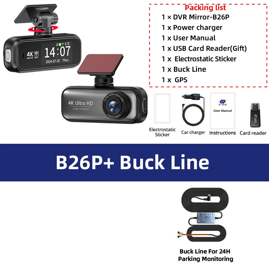 4K Dual Lens Dash Cam with GPS, Wi-Fi, Night Vision, 24H Parking & Rear Camera DVR Night Vision