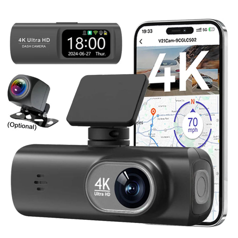 UHD 4K WiFi Dual Lens Car Dash Cam With GPS, 1080P Rear Camera & 24H Parking Surveillance