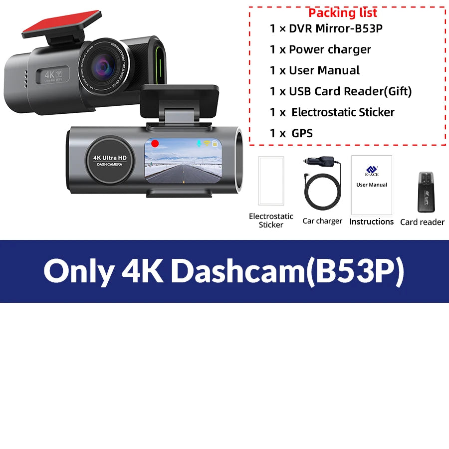 4K Dual Lens Dash Cam with GPS, Night Vision, Wi-Fi & Rear Camera | Car DVR Recorder
