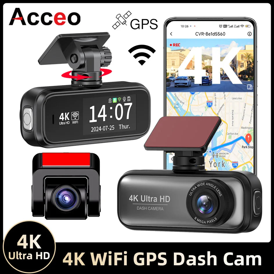 4K Dual Lens Dash Cam with GPS, Wi-Fi, Night Vision, 24H Parking & Rear Camera DVR Night Vision