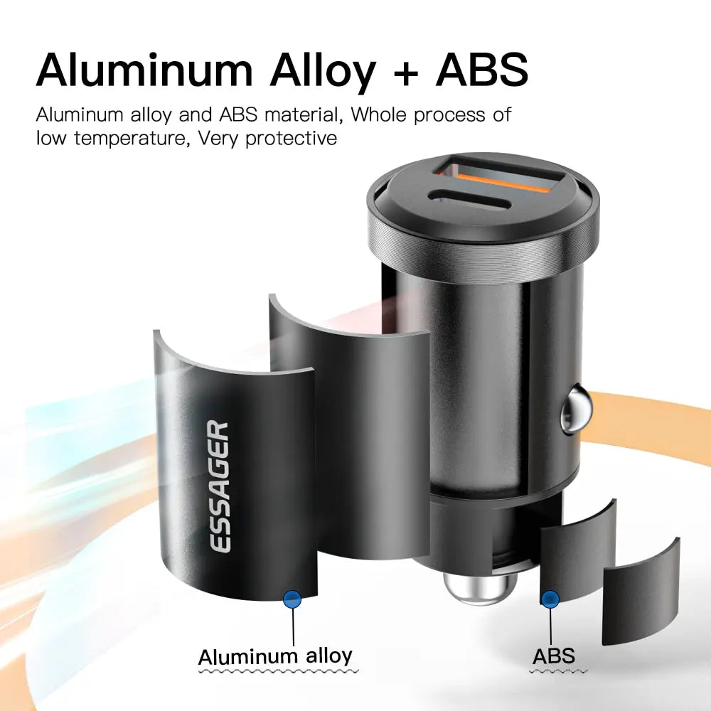 ESSAGER 30W 5A QC PD 3.0 SCP USB Car Charger Quick Charge 4.0 USB-C Fast Charging for iPhone Huawei