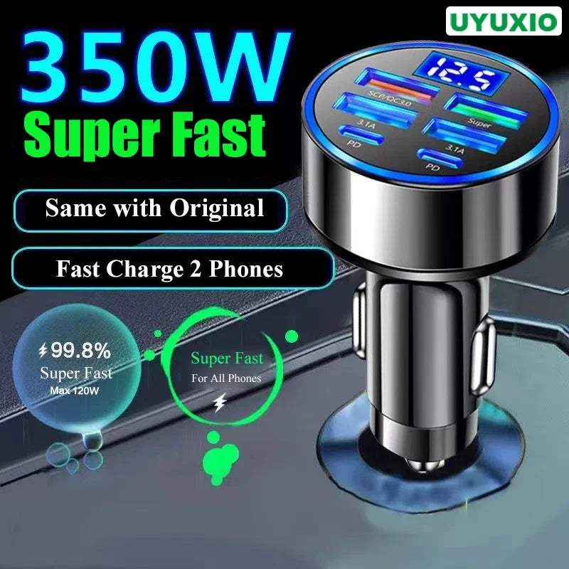 6-in-1 USB-C Car Charger 130W PD Fast Charge Adapter with Voltage Display for iPhone Samsung Huawei