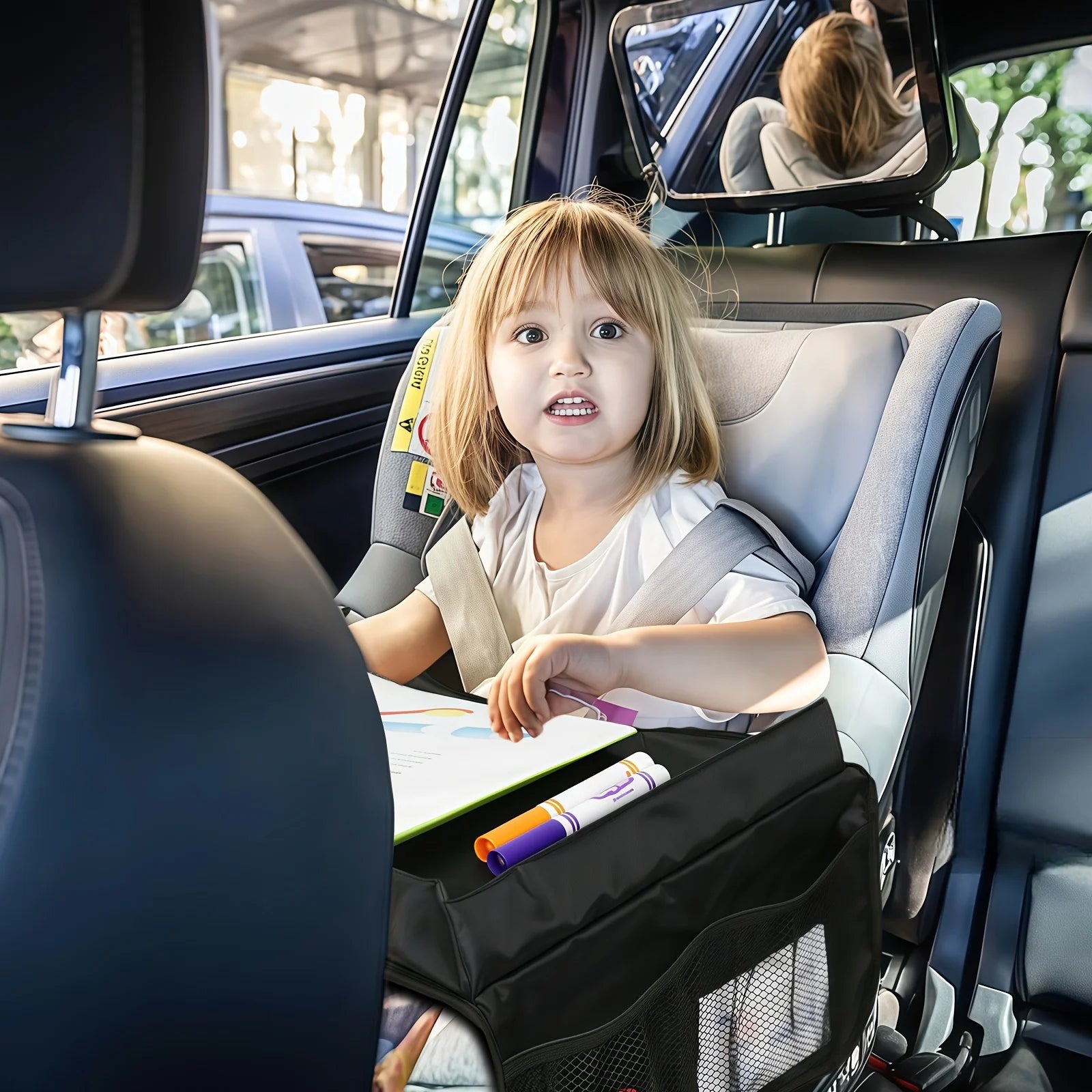 Foldable Expandable Car Seat Travel Tray with Storage Pockets, Lightweight, Wall-Mountable