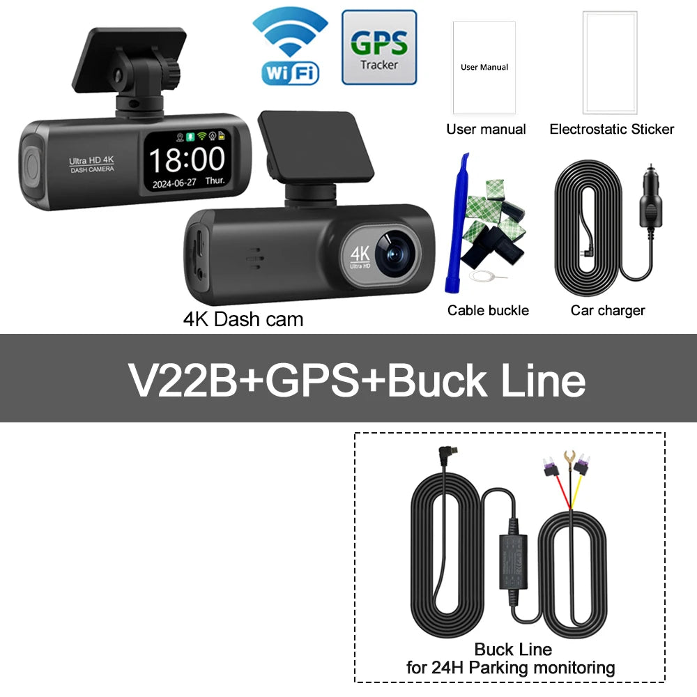UHD 4K WiFi Dual Lens Car Dash Cam With GPS, 1080P Rear Camera & 24H Parking Surveillance