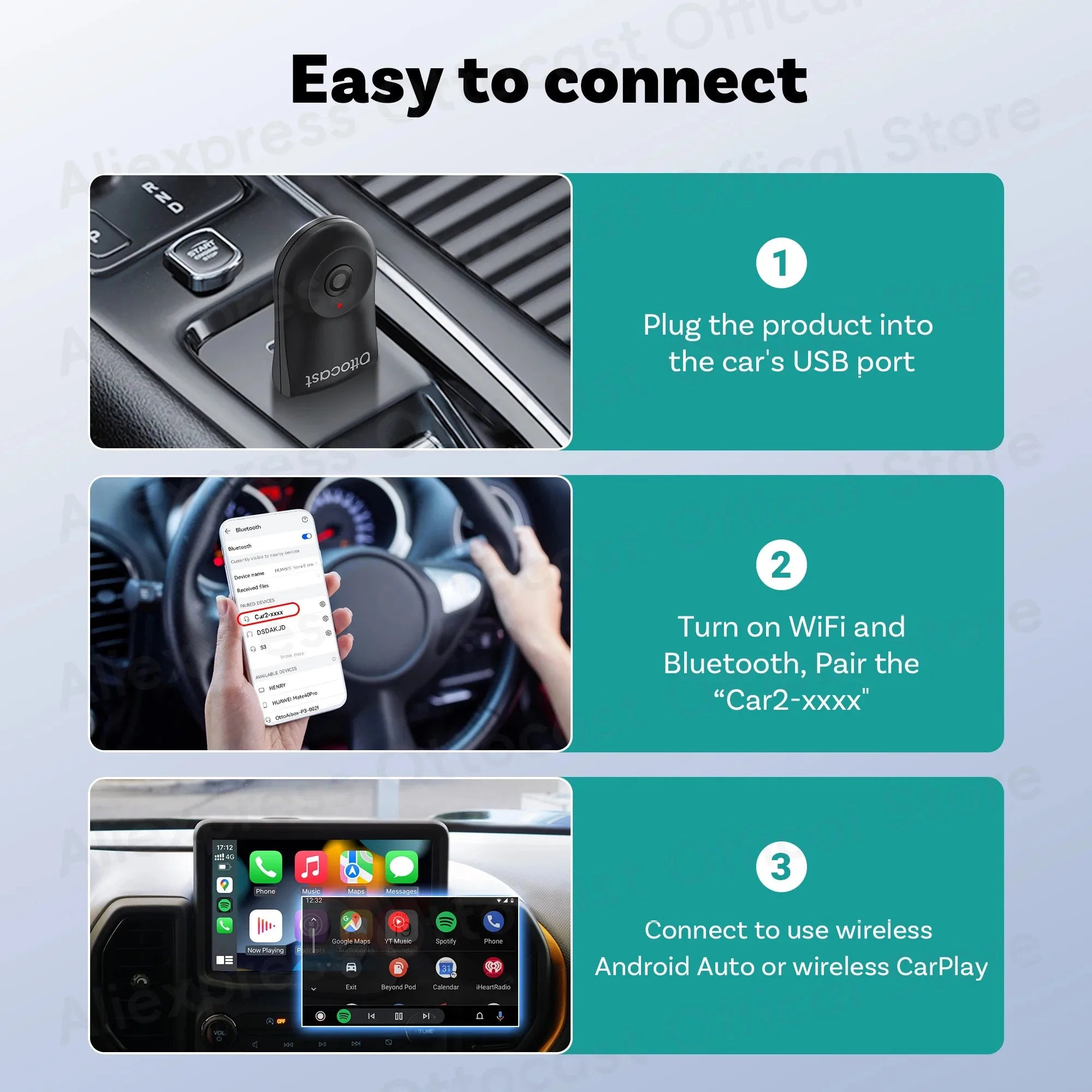 OTTOCAST Mini Wireless CarPlay & Android Auto Adapter, Compact Plug & Play Bluetooth 5.0