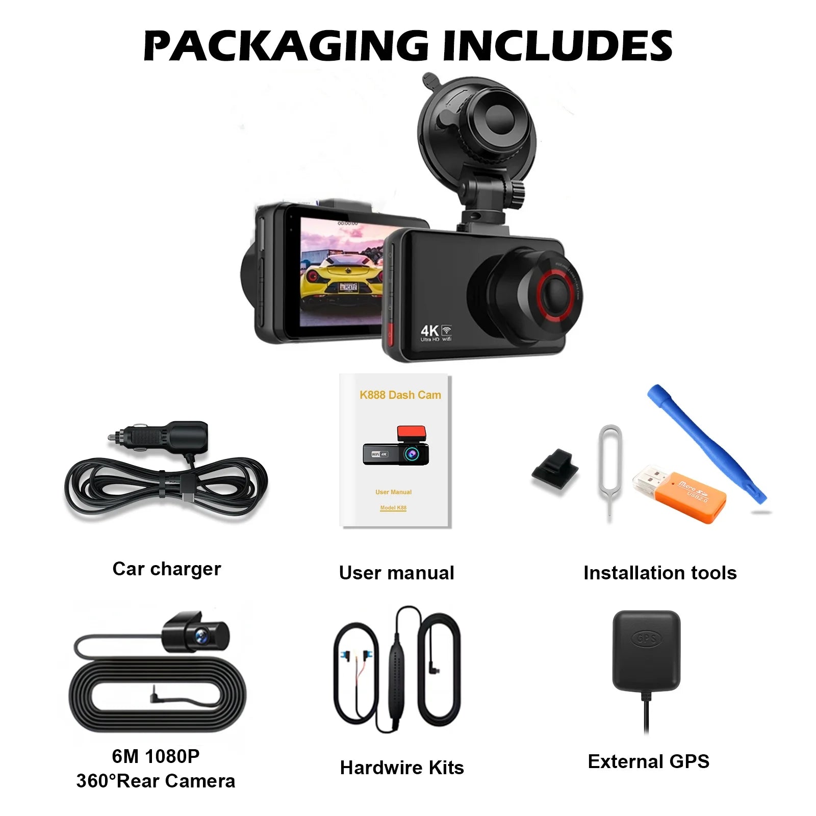 QOZ 4K Dash Cam with Rear Camera, Wi-Fi, Night Vision & Parking Monitor for Cars,  Video Recorder
