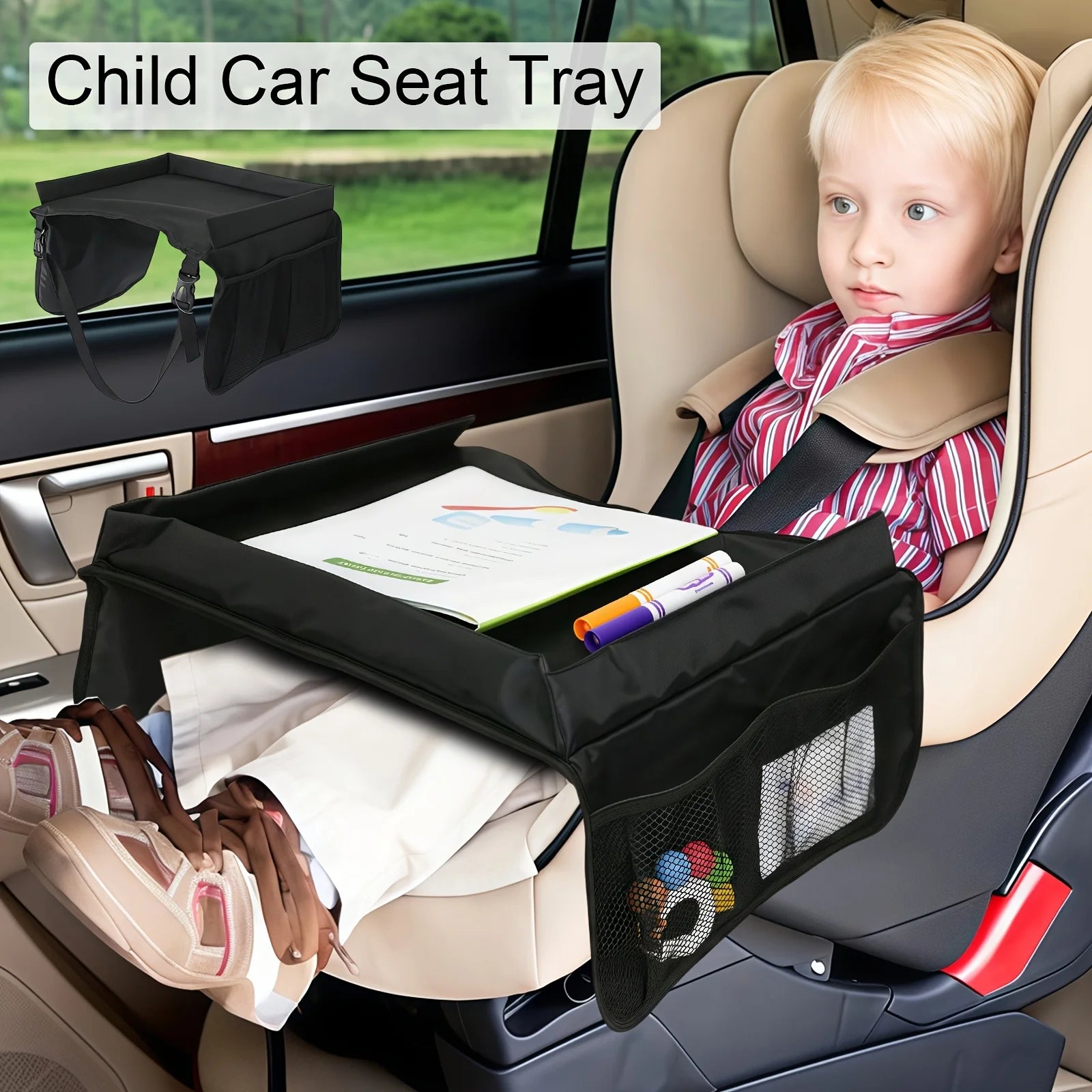 Foldable Expandable Car Seat Travel Tray with Storage Pockets, Lightweight, Wall-Mountable