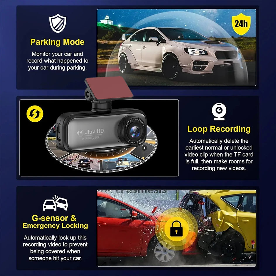 4K Dual Lens Dash Cam with GPS, Wi-Fi, Night Vision, 24H Parking & Rear Camera DVR Night Vision