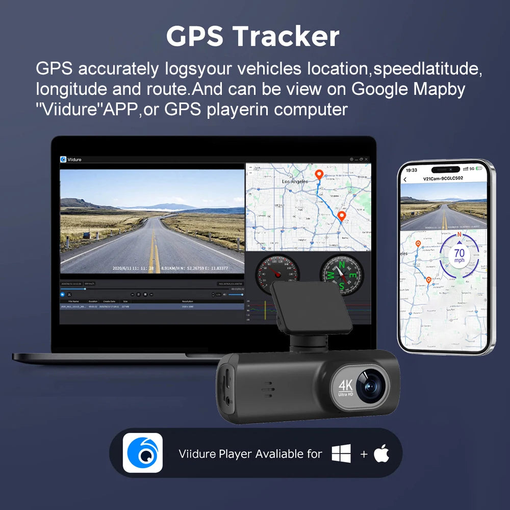 UHD 4K WiFi Dual Lens Car Dash Cam With GPS, 1080P Rear Camera & 24H Parking Surveillance