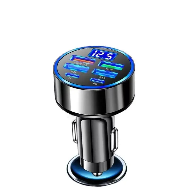 6-in-1 USB-C Car Charger 130W PD Fast Charge Adapter with Voltage Display for iPhone Samsung Huawei