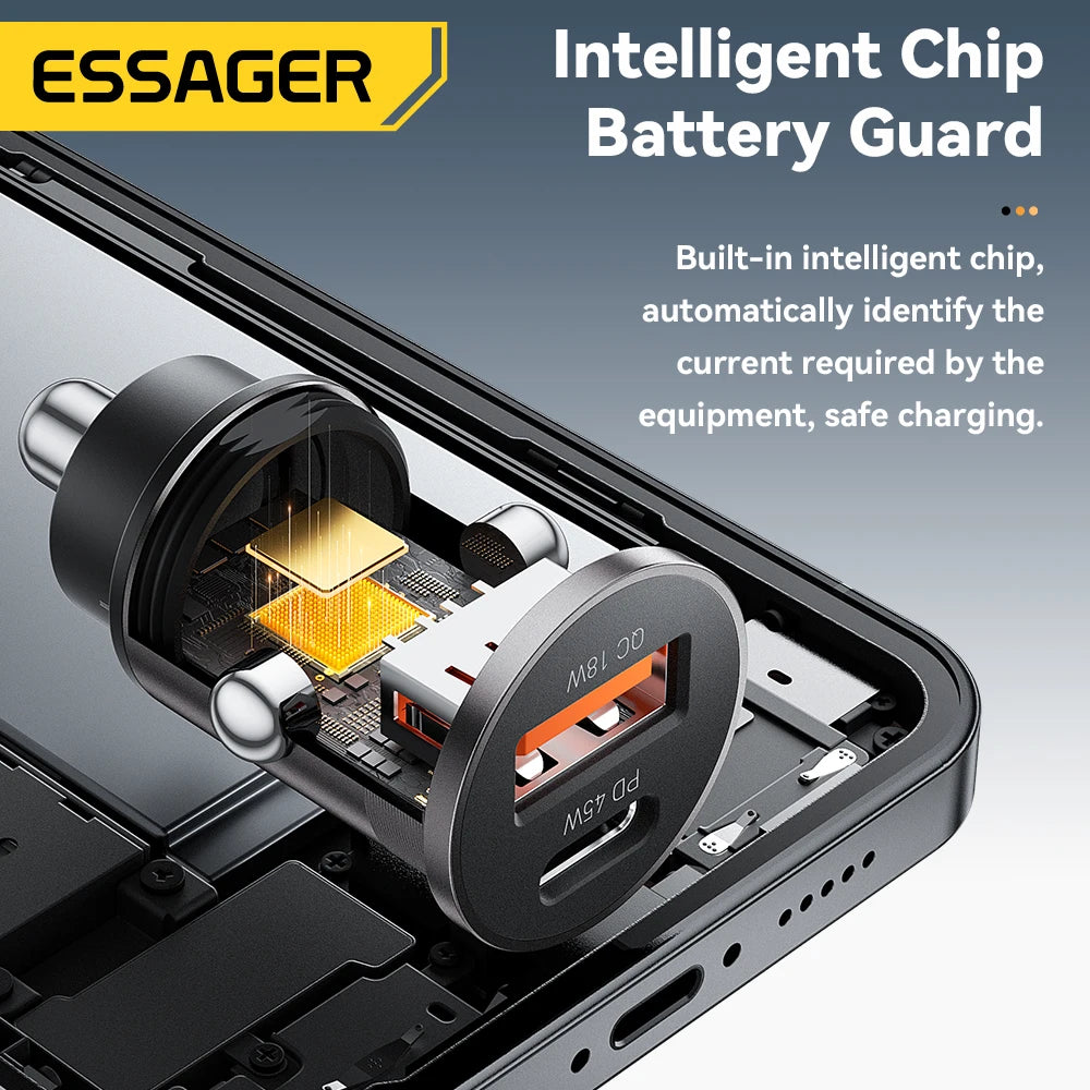 ESSAGER 45W Mini USB Car Charger QC 3.0 PD 3.0 SCP AFC USB-C Fast Charging for iPhone Huawei Samsung