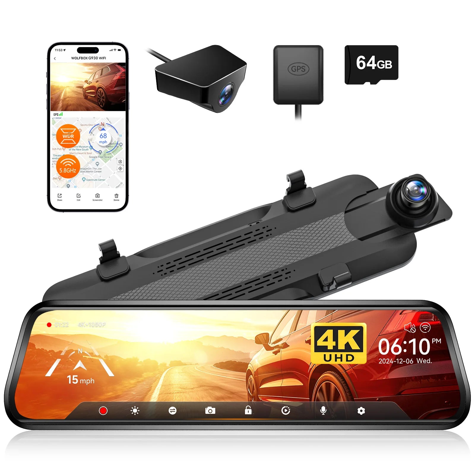 WOLFBOX G930 10 Inch 4K Wifi Dash Camera DVR Mirror Car Cam With GPS Parking Monitor Night Vision