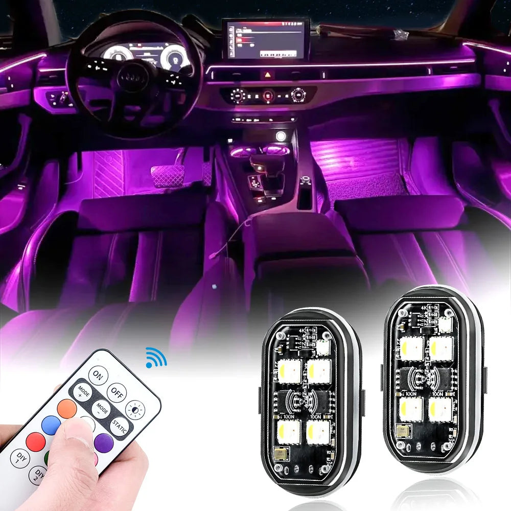2/4PCS Wireless Rechargeable LED Strobe Lights, 8-Colour Car Atmosphere & Anti-Collision Lamps