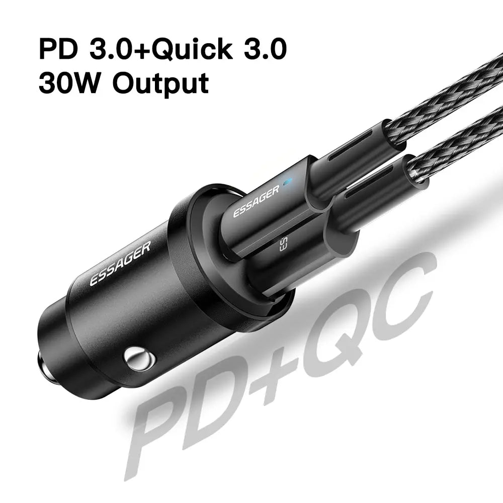 ESSAGER 30W 5A QC PD 3.0 SCP USB Car Charger Quick Charge 4.0 USB-C Fast Charging for iPhone Huawei