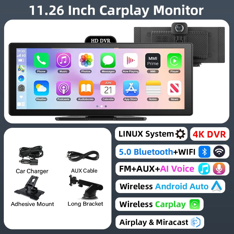 11.26" 4K Dash Cam with Wireless CarPlay, Android Auto, GPS Navigation, Bluetooth & Rear Camera