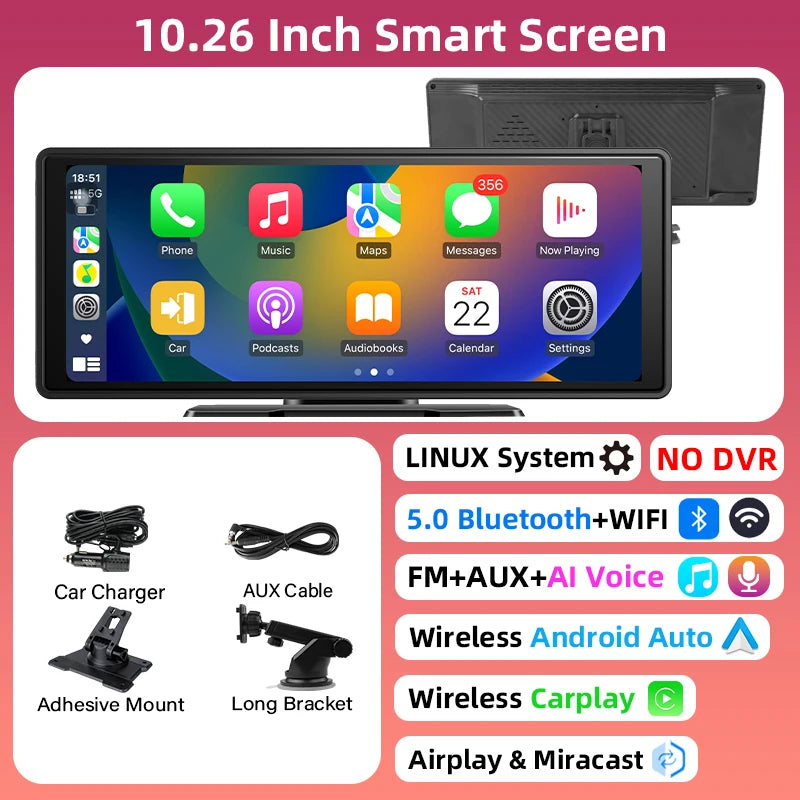 11.26" 4K Dash Cam with Wireless CarPlay, Android Auto, GPS Navigation, Bluetooth & Rear Camera