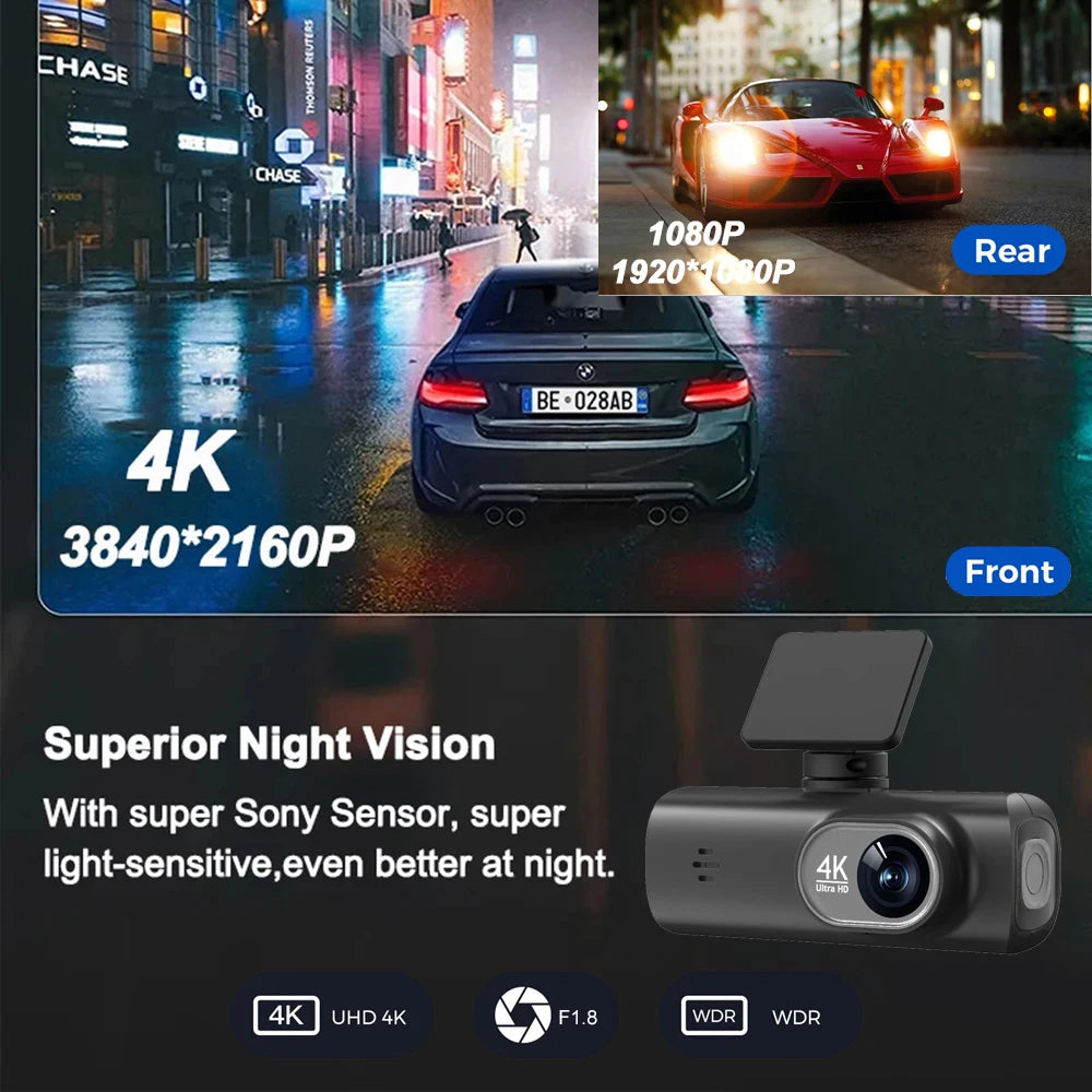 UHD 4K WiFi Dual Lens Car Dash Cam With GPS, 1080P Rear Camera & 24H Parking Surveillance
