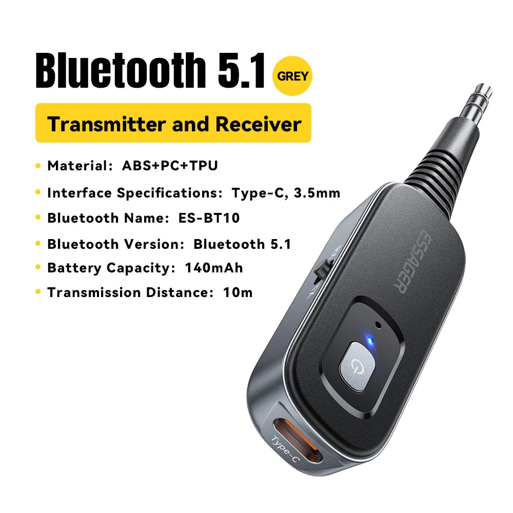Essager Bluetooth 5.1 Audio Receiver & Transmitter, 3.5mm AUX, Mic, Wireless Adapter for Car, TV, PC