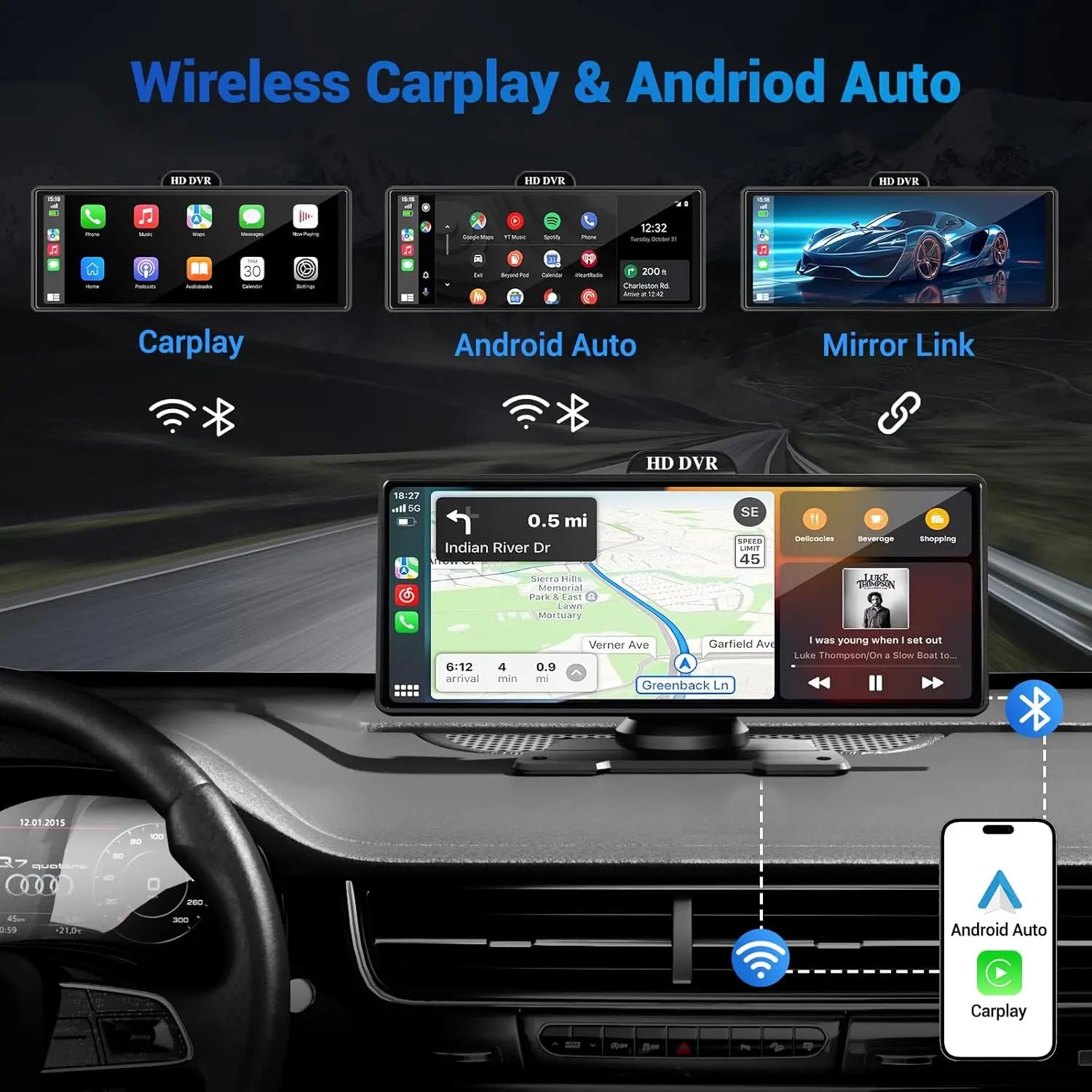 11.26" 4K Dash Cam with Wireless CarPlay, Android Auto, GPS Navigation, Bluetooth & Rear Camera
