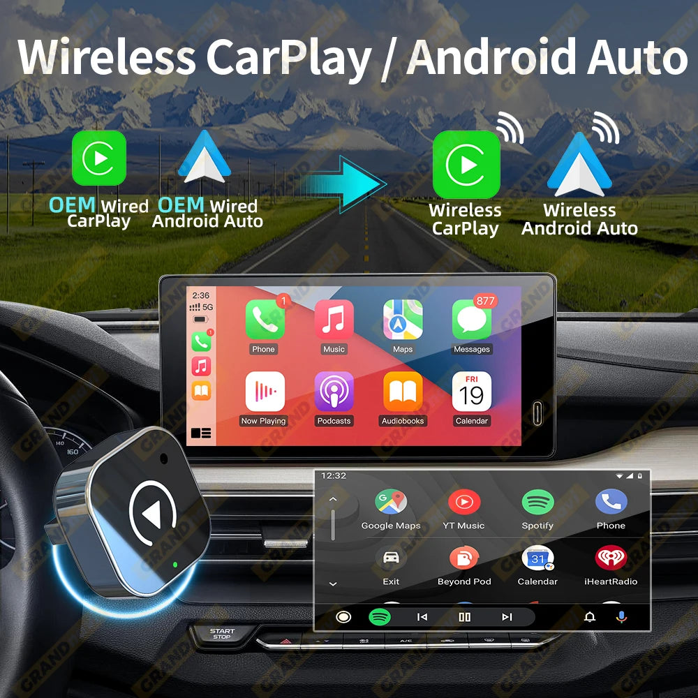 2-in-1 Wired to Wireless CarPlay & Android Auto Adapter USB Plug & Play Bluetooth for OEM Stereo