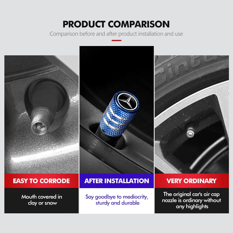 4x Aluminium Valve Caps for Mercedes-Benz, Tyre Dustproof Stem Covers for AMG A C E G GLC CLA