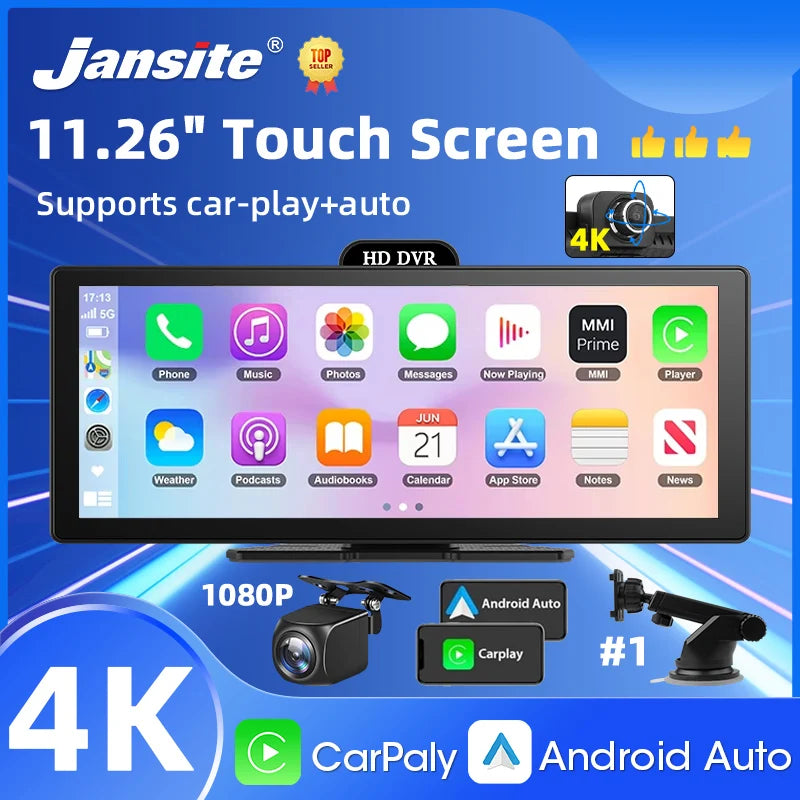 11.26" 4K Dash Cam with Wireless CarPlay, Android Auto, GPS Navigation, Bluetooth & Rear Camera