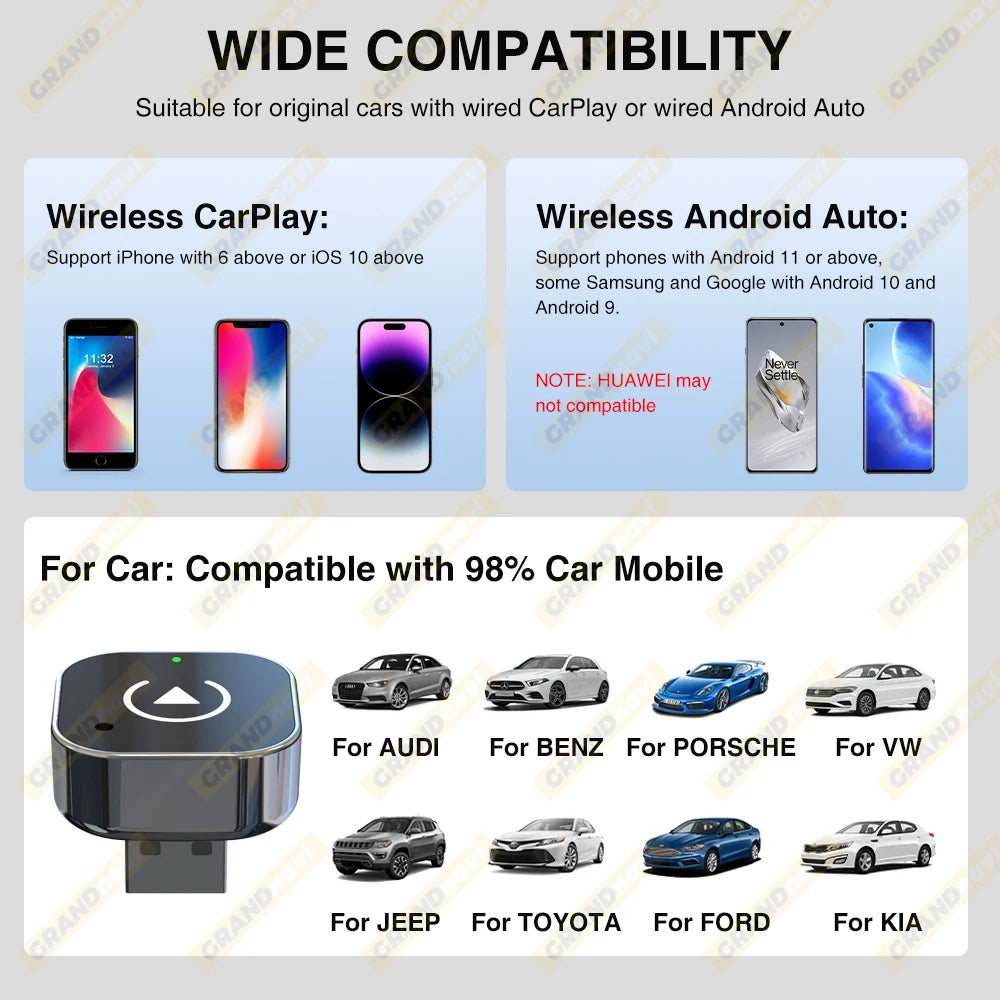 2-in-1 Wired to Wireless CarPlay & Android Auto Adapter USB Plug & Play Bluetooth for OEM Stereo