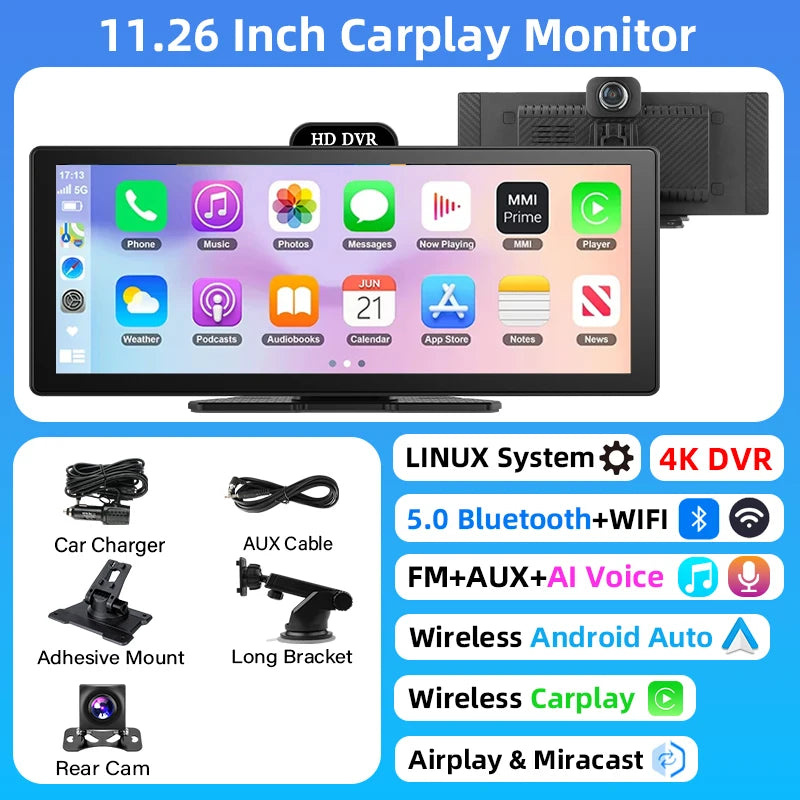 11.26" 4K Dash Cam with Wireless CarPlay, Android Auto, GPS Navigation, Bluetooth & Rear Camera