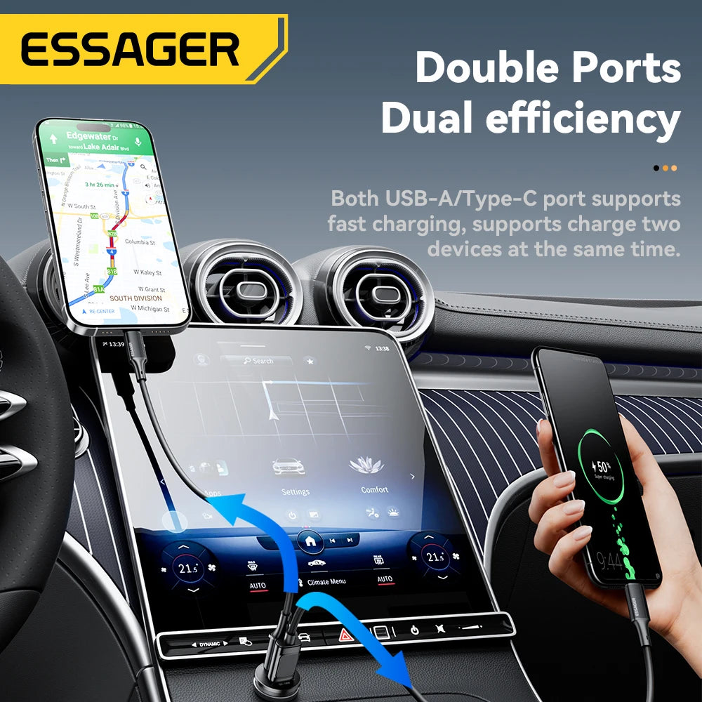 ESSAGER 45W Mini USB Car Charger QC 3.0 PD 3.0 SCP AFC USB-C Fast Charging for iPhone Huawei Samsung