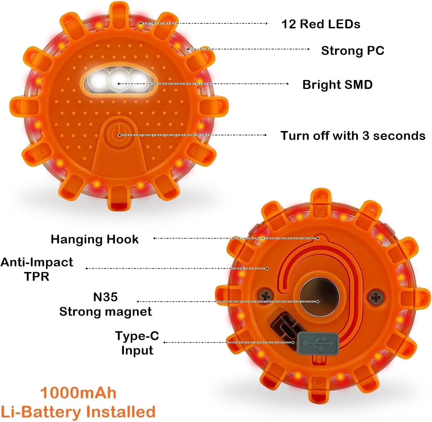 USB Rechargeable LED Road Flares, Magnetic Emergency Warning Lights, 9 Modes, Type-C Flare Kit