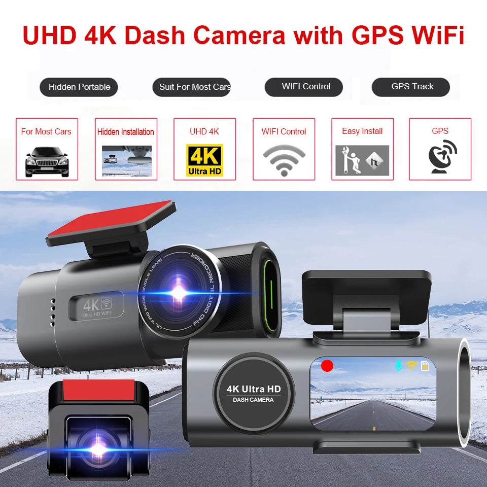 4K Dual Lens Dash Cam with GPS, Night Vision, Wi-Fi & Rear Camera | Car DVR Recorder