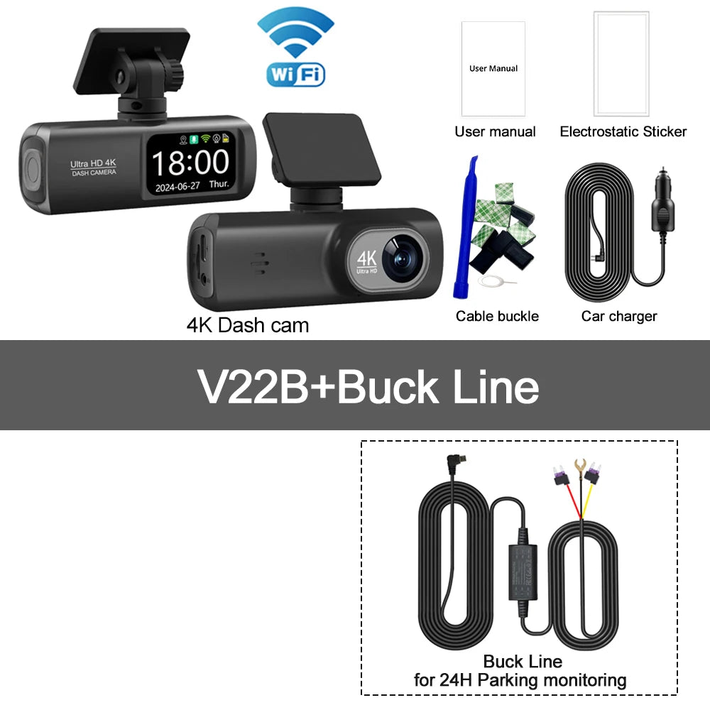 UHD 4K WiFi Dual Lens Car Dash Cam With GPS, 1080P Rear Camera & 24H Parking Surveillance